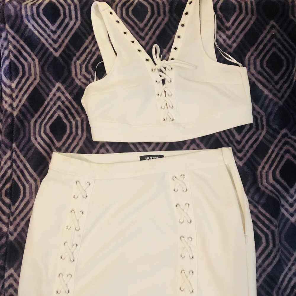 White crop top and skirt two piece outfit.